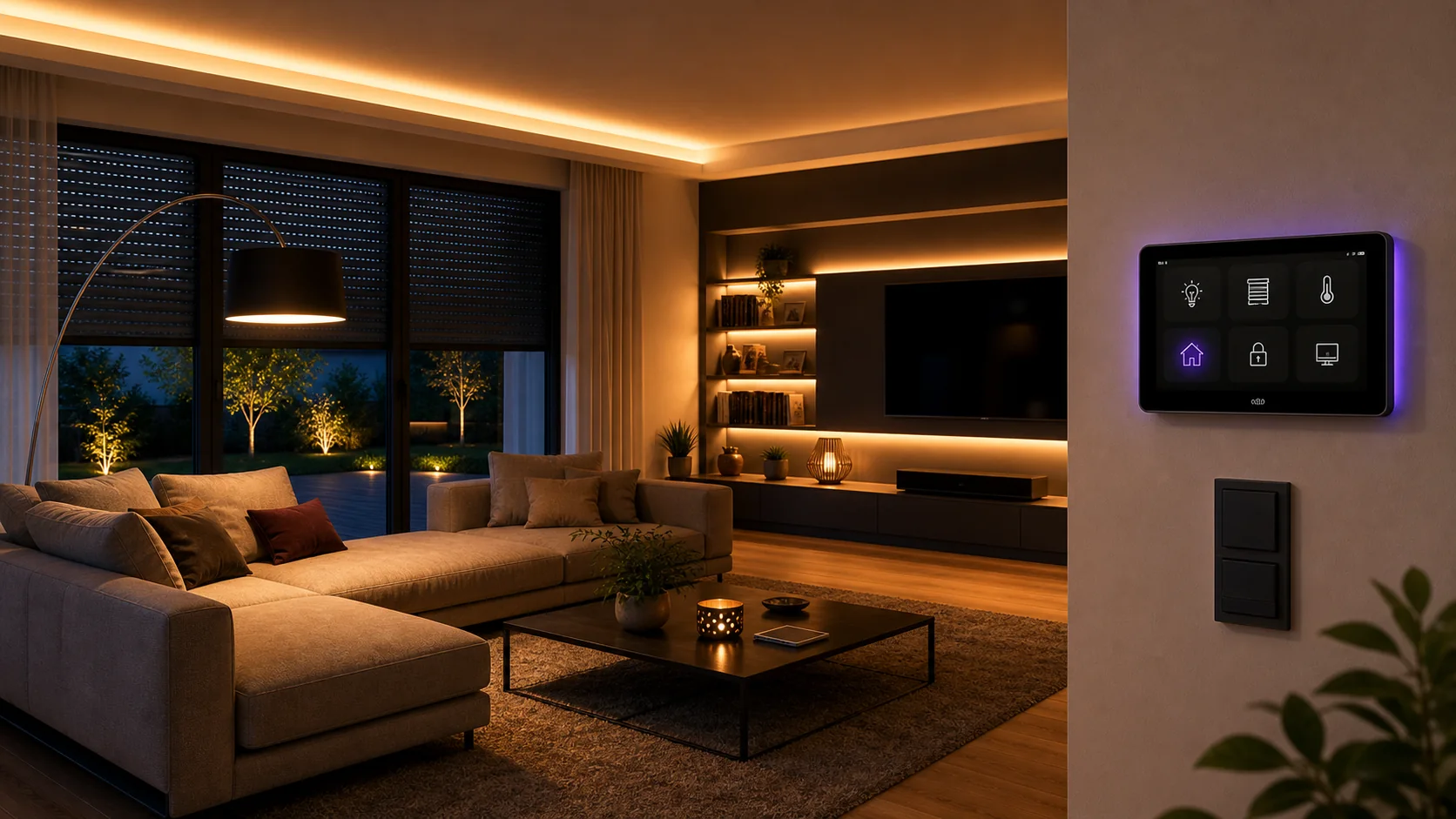 Smart Home steuert Licht und Rollläden im Wohnzimmer