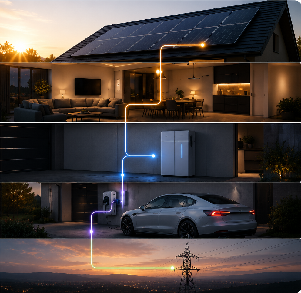 Visualisierung des Energieflusses von der Photovoltaikanlage über Haus, Speicher und Elektroauto bis zum Stromnetz